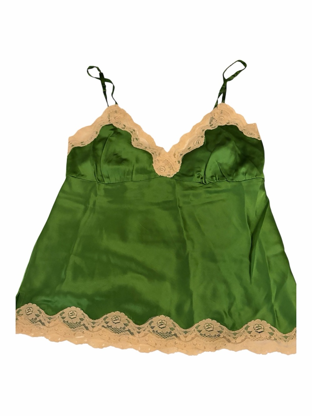 Green Satin Chemise with Beige Lace Trim - Women's Intimates